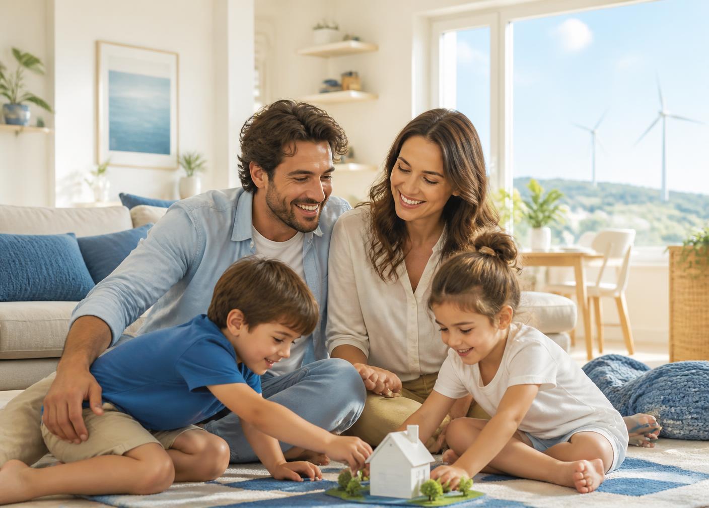 Famiglia serena a casa con energia elettrica 100% green